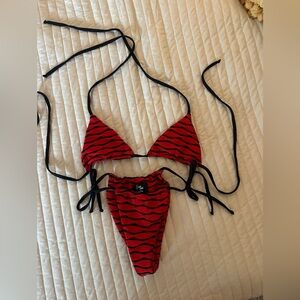 Vincija Textured Red & Black Stripe Bikini Set